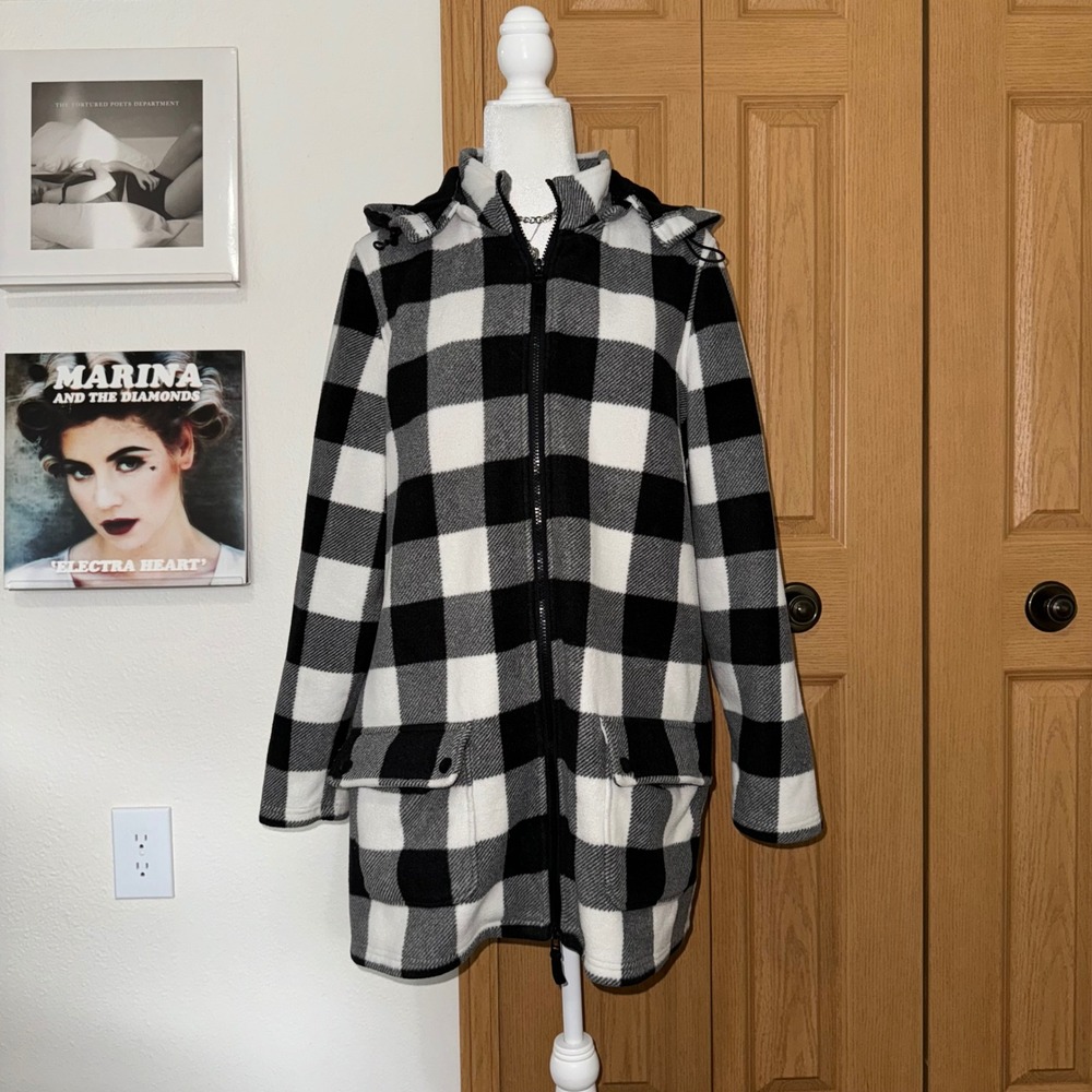 Coldwater Creek Buffalo Plaid Fleece Hooded Jacket Black White Women's Medium
